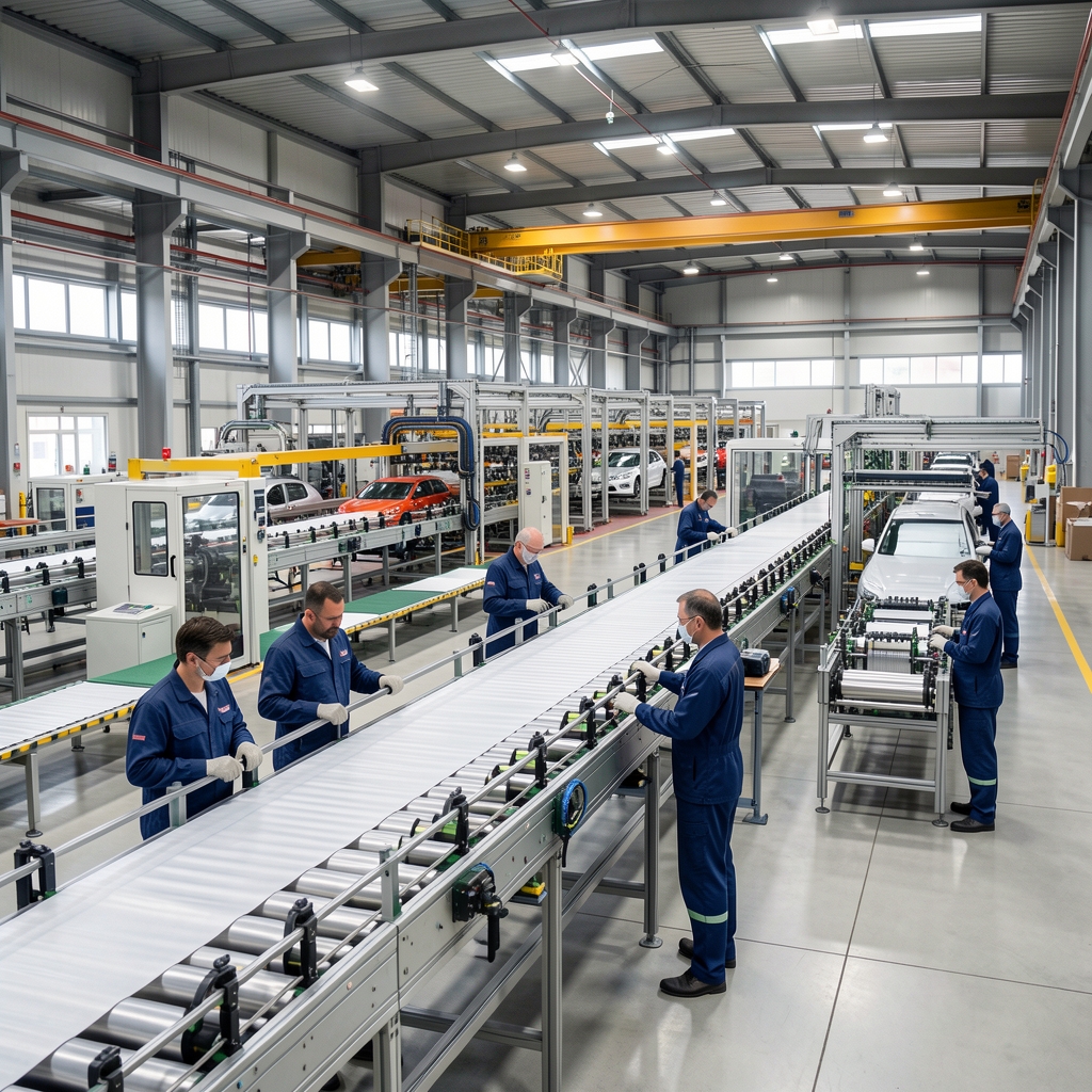 Modern büyük ölçekli Türk imalat fabrikasının geniş üretim hattı, önde çalışanlar ve arka planda otomasyonlu montaj sistemleri